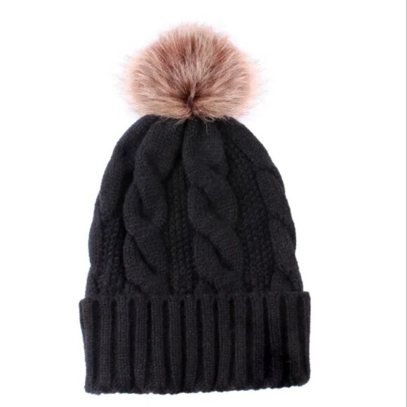 2/$30 Black Cable-Knit Beanie Hat with Pom-Pom Autumn Winter Women Men Unisex - Picture 1 of 3